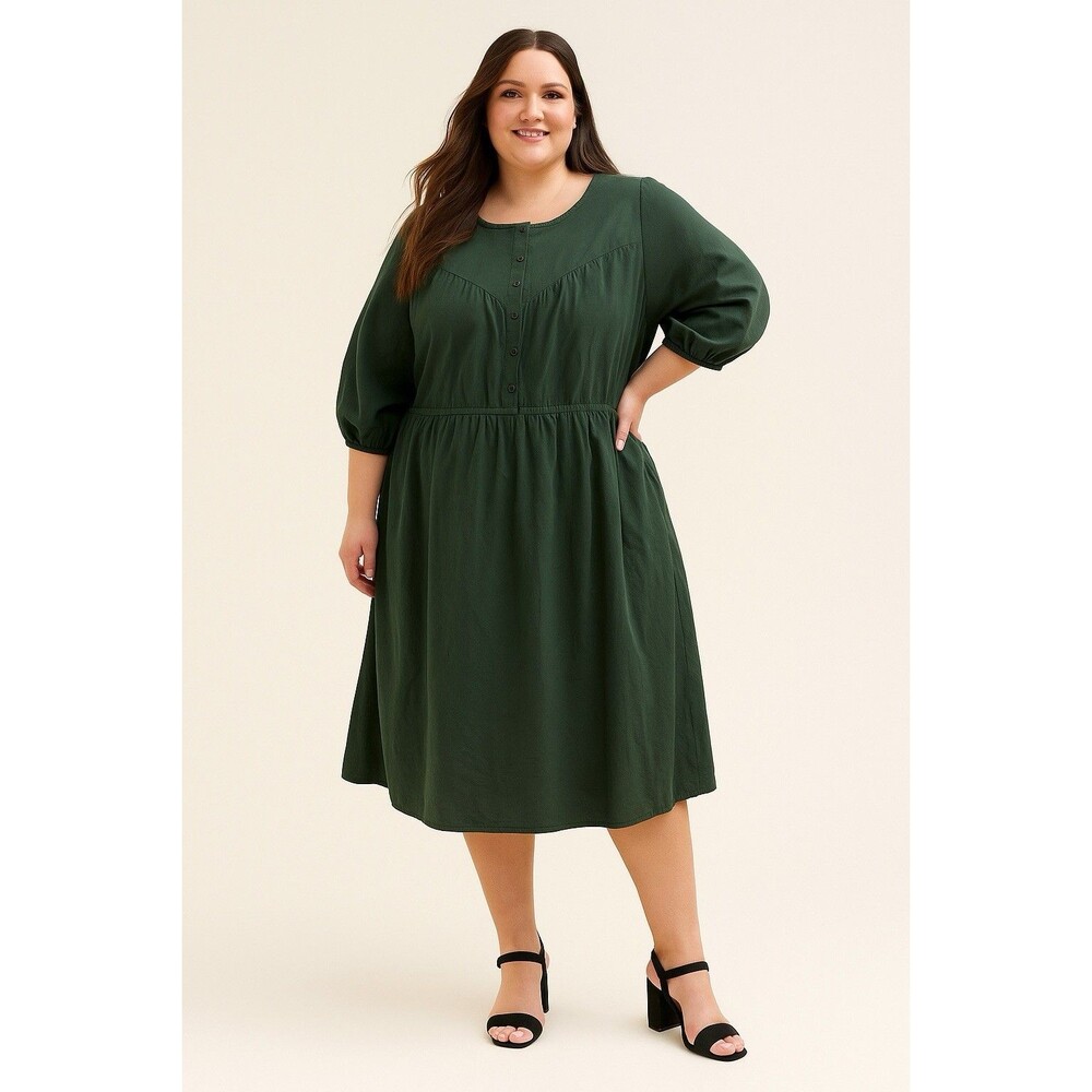 Terra Sky Womens 4X Dress Peasant Milkmaid Puff Sleeve Tiered Pocket Olive Green